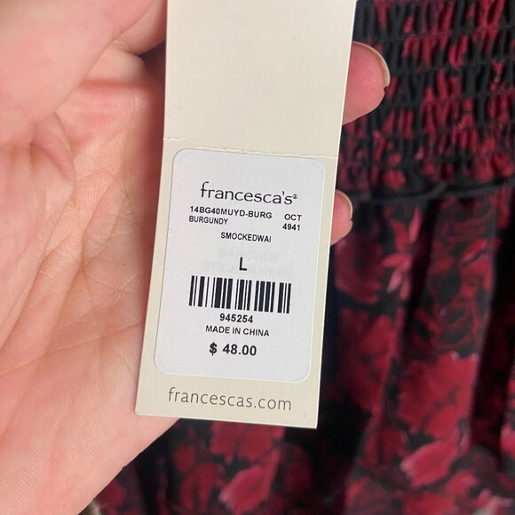 Francesca's Size L Smocked Tired Mini Skirt Red Black Dark Floral Romantic Fairy - Picture 2 of 7